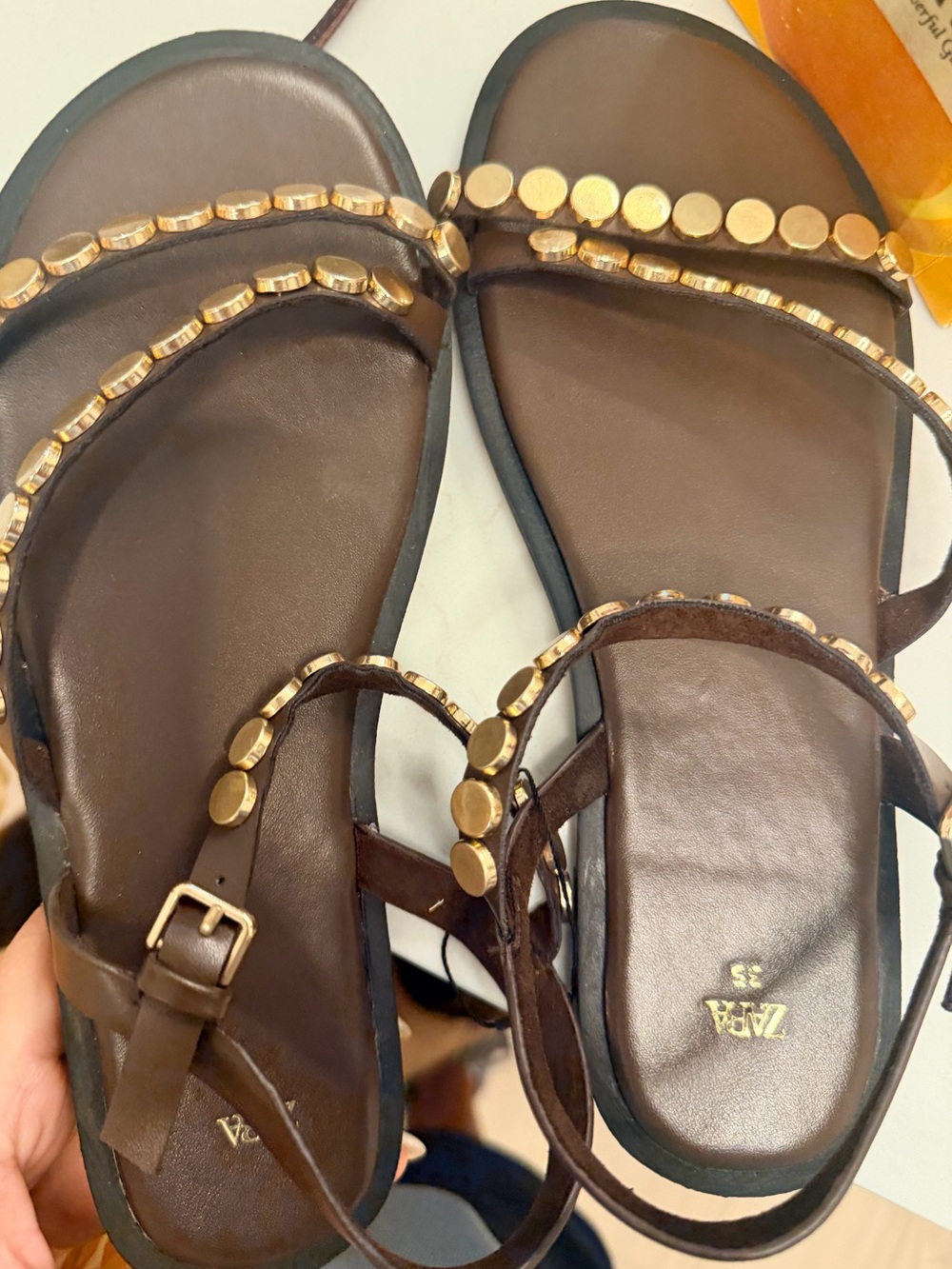 NEW!!Zara Brown Sandals with Gold Stud Accents